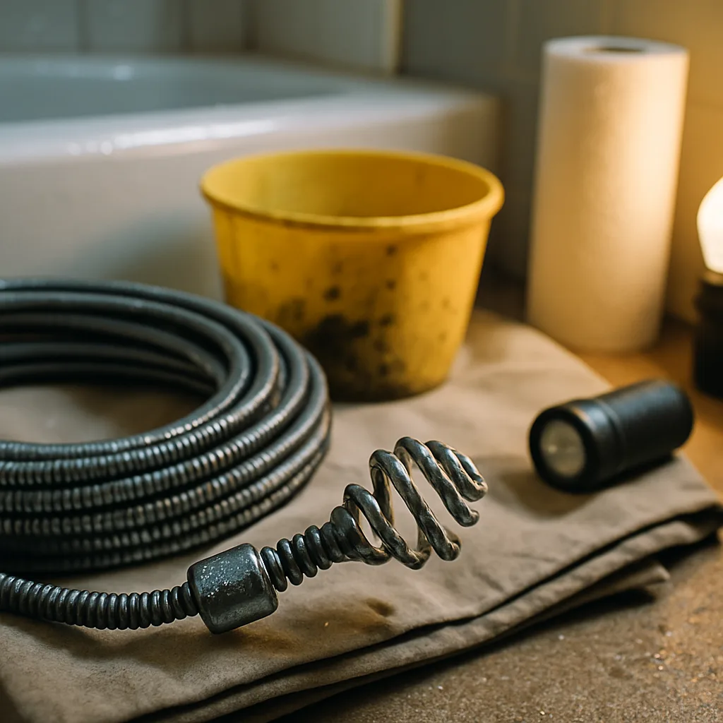 Drain snake auger tool used for clearing slow drains in West Palm Beach by Pulles Plumbing Septic LLC