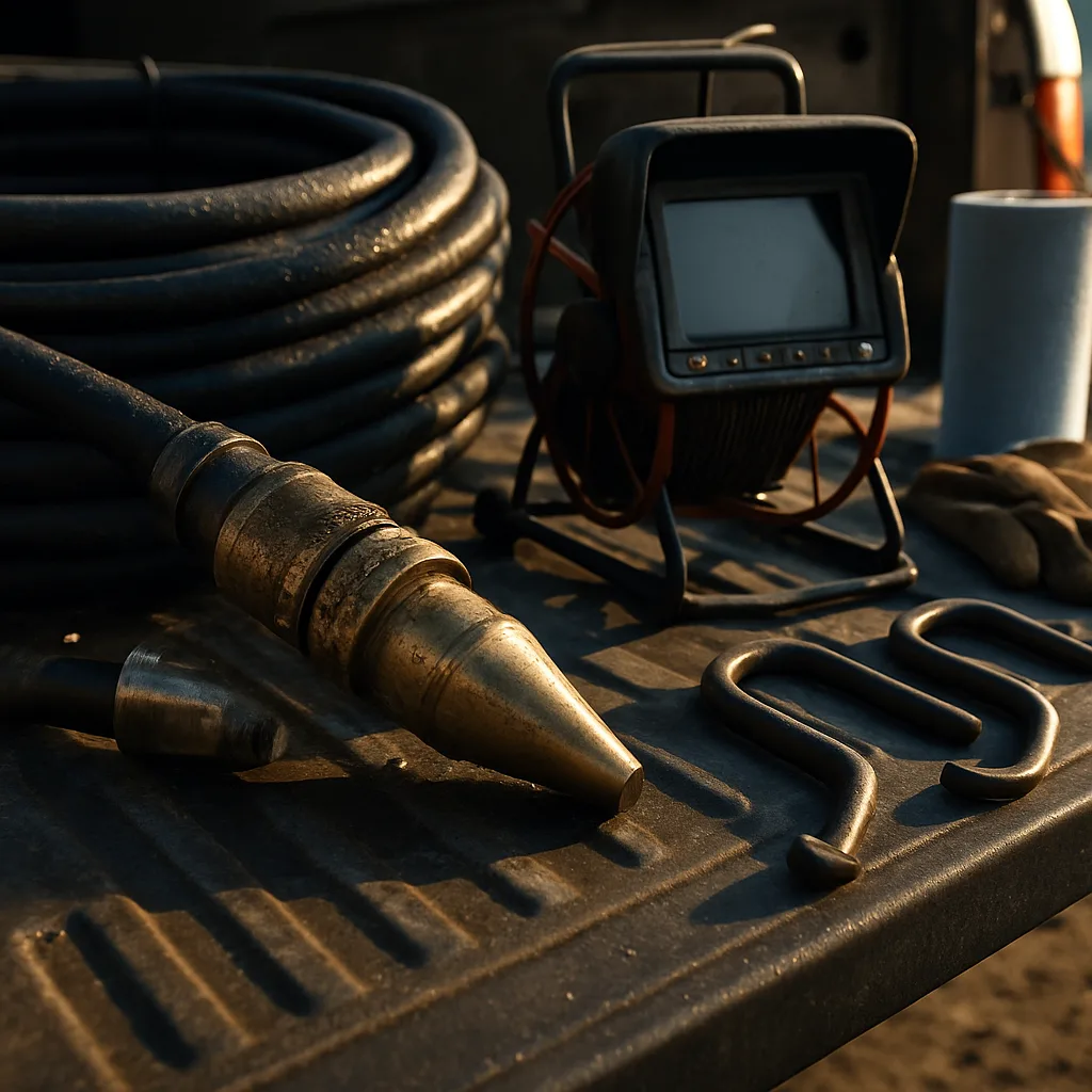 Hydro jetting hose nozzle and pipe camera equipment on drainage service truck West Palm Beach by Pulles Plumbing Septic LLC
