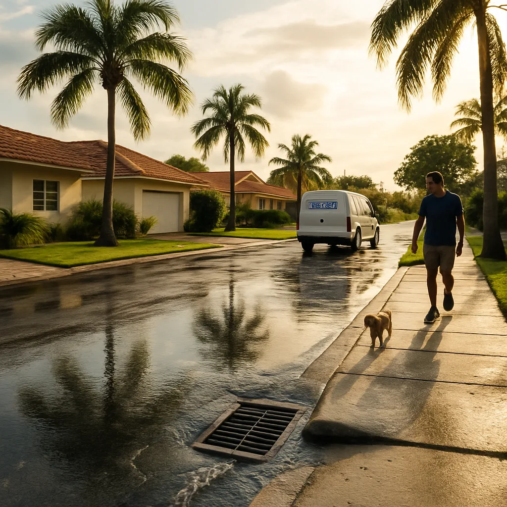 West Palm Beach street with storm drain inlet and service van after rain by Pulles Plumbing Septic LLC