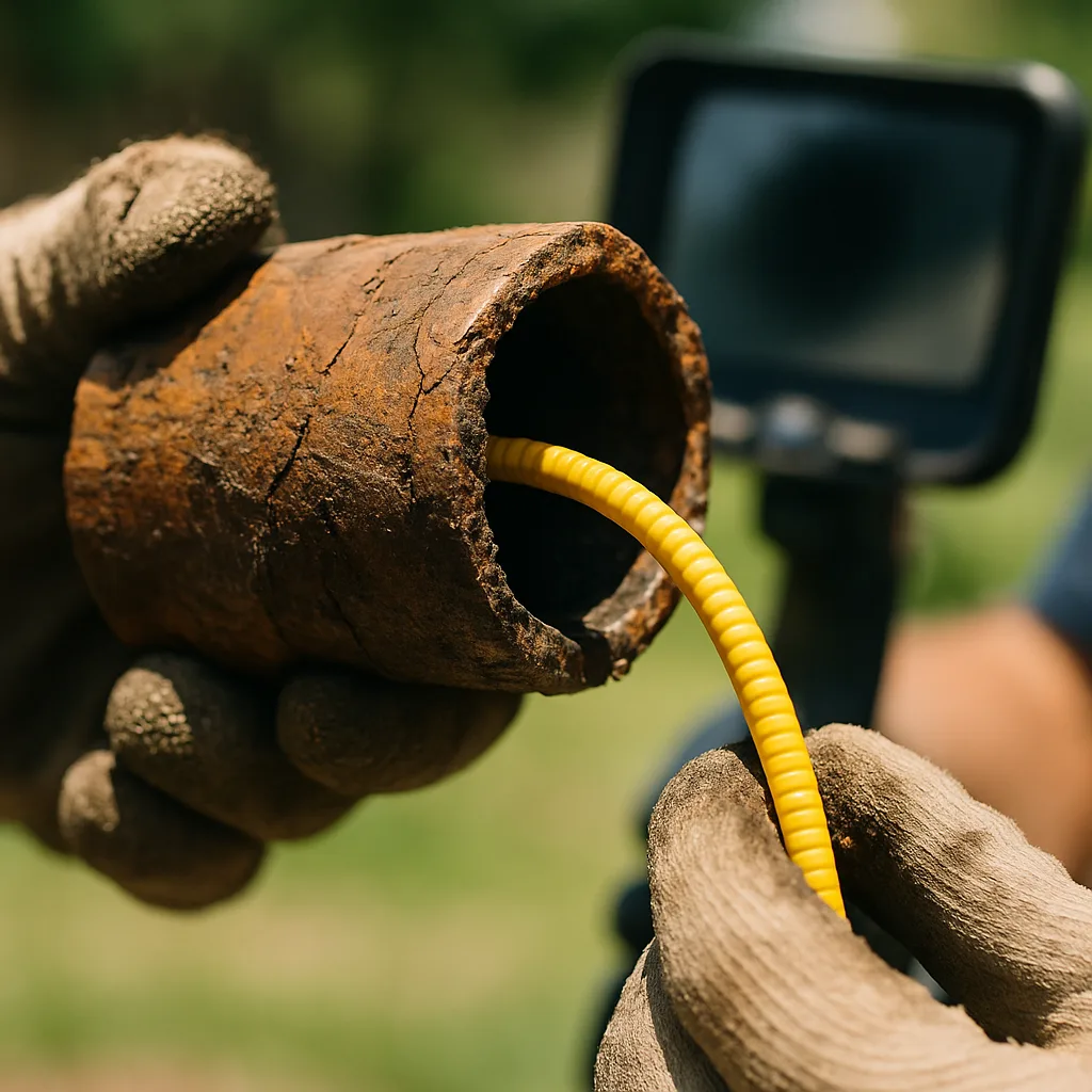 Cracked clay drain pipe inspected with camera cable in West Palm Beach yard by Pulles Plumbing Septic LLC
