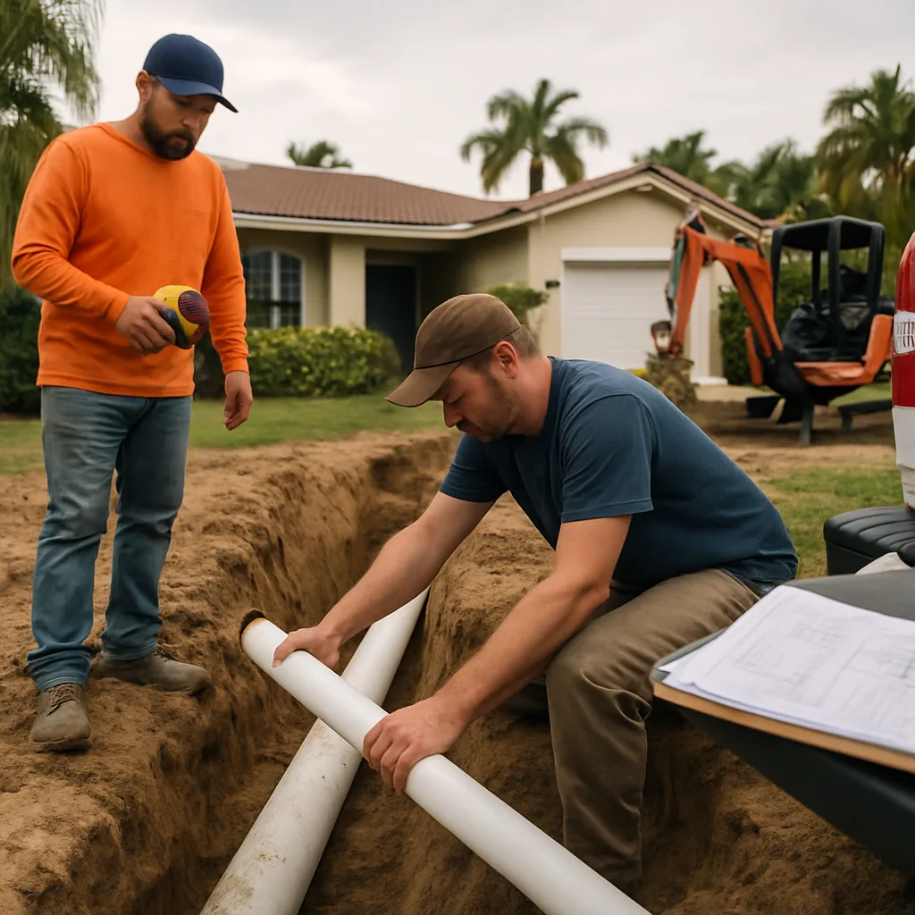 Workers measuring pipe slope during main drain line excavation in West Palm Beach by Pulles Plumbing Septic LLC