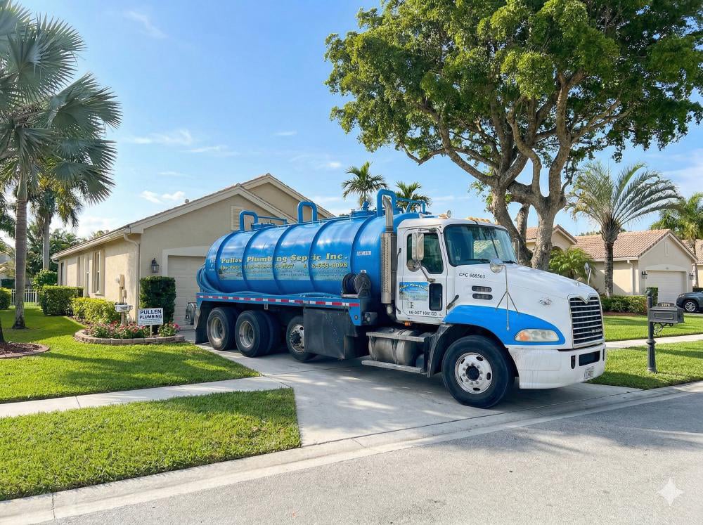 Pulles Plumbing & Septic service truck parked outside a West Palm Beach, FL home ready to provide licensed septic and plumbing service