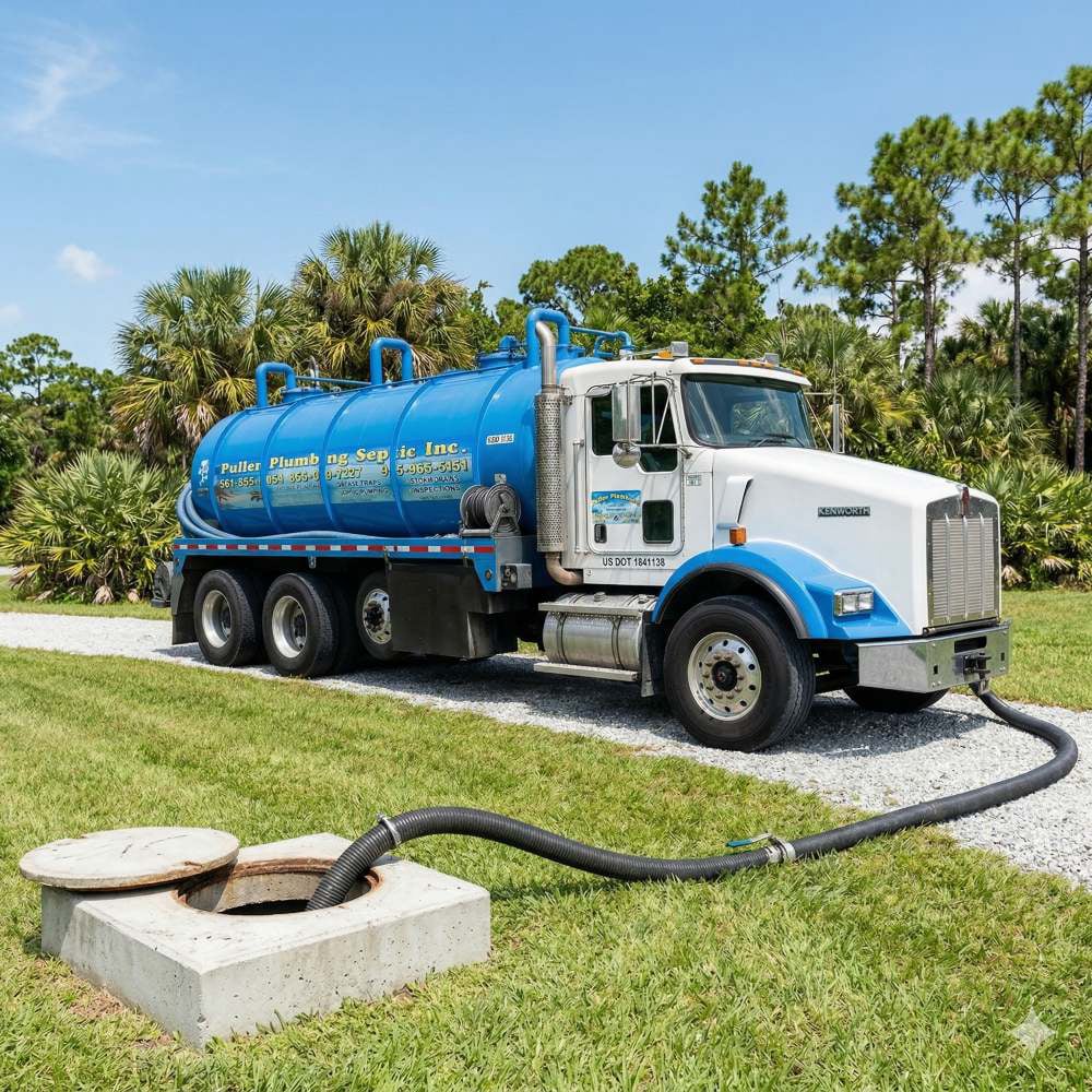 Pulles Plumbing & Septic vacuum truck pumping a septic tank during a sewage disposal service call in Loxahatchee, FL
