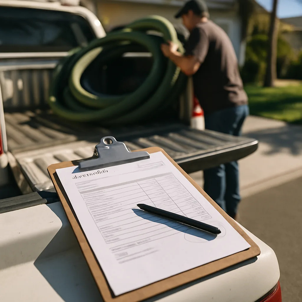 Service invoice on truck tailgate after septic tank cleaning job in West Palm Beach by Pulles Plumbing Septic LLC