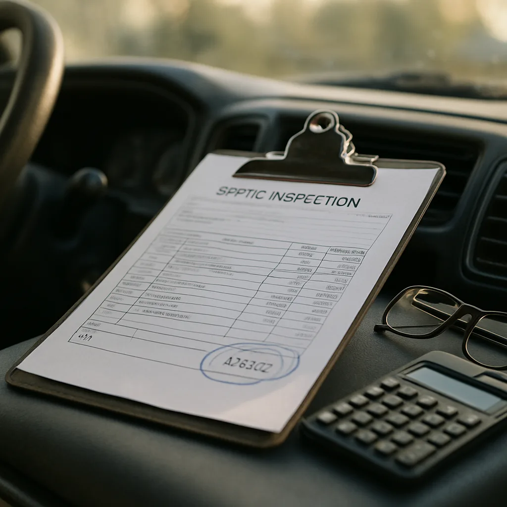 Itemized septic inspection invoice on clipboard inside service truck by Pulles Plumbing Septic LLC
