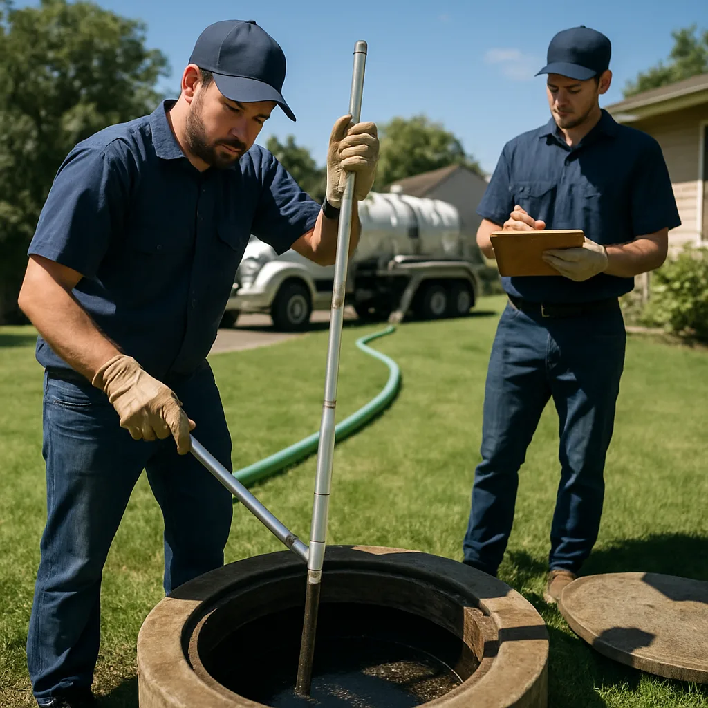 Technicians measuring sludge layers during full septic inspection process by Pulles Plumbing Septic LLC
