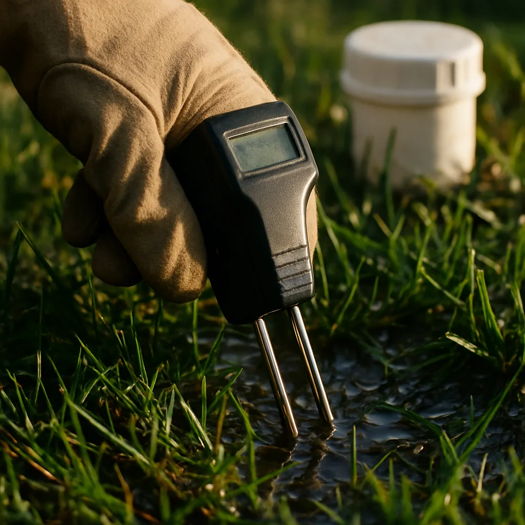 Moisture meter testing soggy drain field grass, septic inspection sign by Pulles Plumbing Septic LLC
