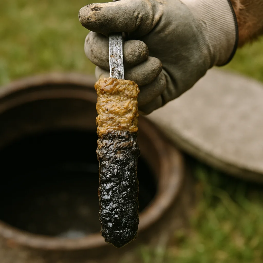 Sludge-coated dipstick shows septic tank fullness level in West Palm Beach cleaning by Pulles Plumbing Septic LLC