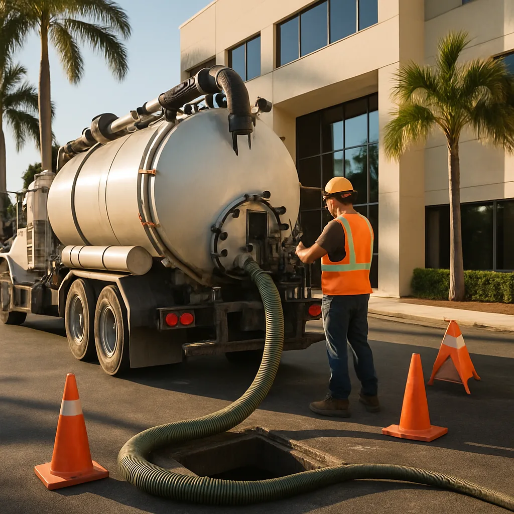 Vacuum hose, gauge, and gloves on truck tailgate for sewage disposal service West Palm Beach by Pulles Plumbing Septic LLC