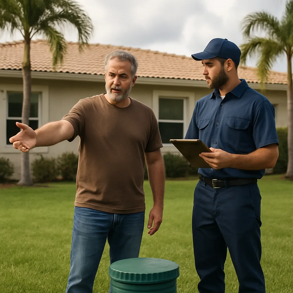 Homeowner and technician discuss septic system beside access riser in West Palm Beach yard by Pulles Plumbing Septic LLC