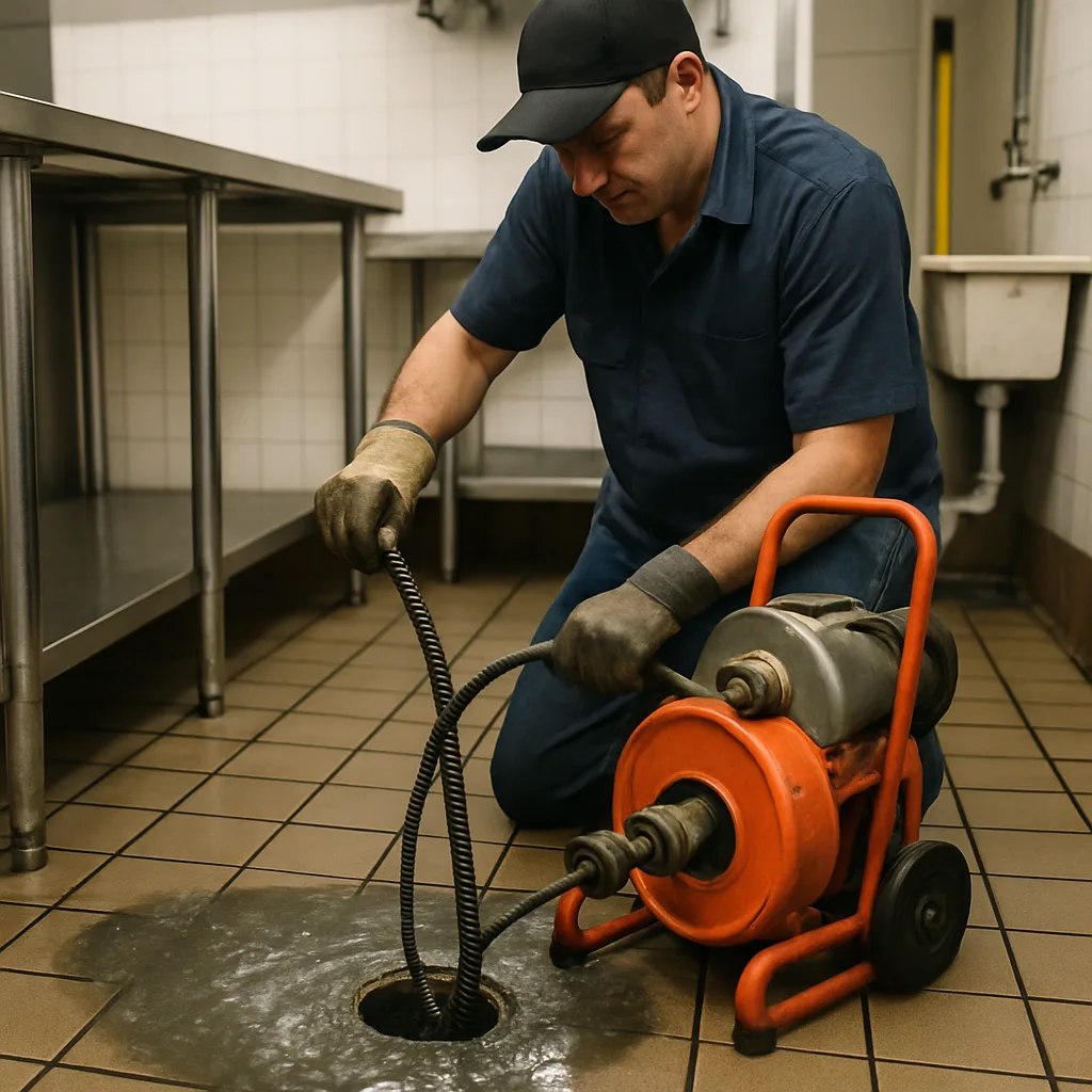 Plumber clearing backed-up floor drain in West Palm Beach commercial kitchen by Pulles Plumbing Septic LLC