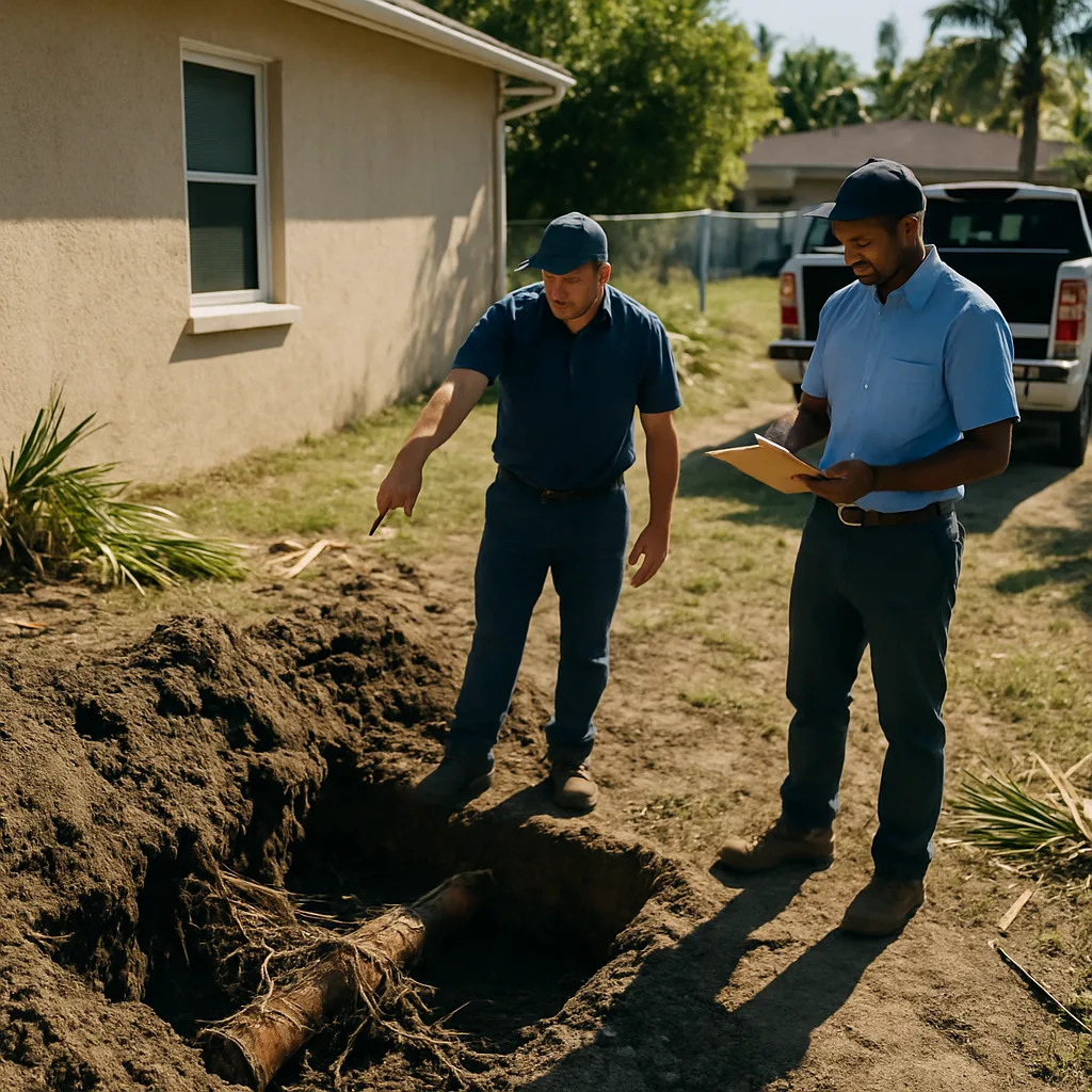 Technicians assessing root-damaged sewer pipe to estimate repair cost in West Palm Beach yard by Pulles Plumbing Septic LLC